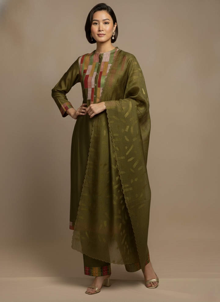 Buy Mendi Green Chanderi Semi-Stitched Suit