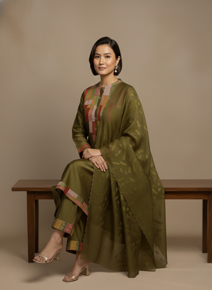 Buy Mendi Green Chanderi Semi-Stitched Suit
