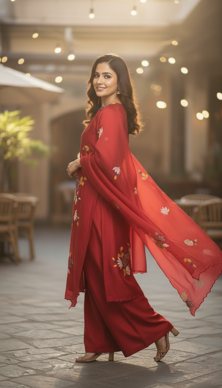 Maroon Pure Silk Chanderi Semi-Stitched Suit Set