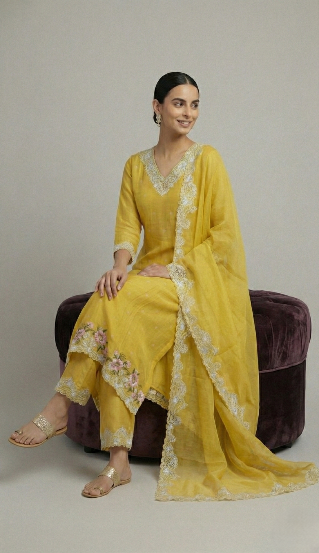 Lime Yellow Chanderi Semi-Stitched Kurta Set with Embroidery