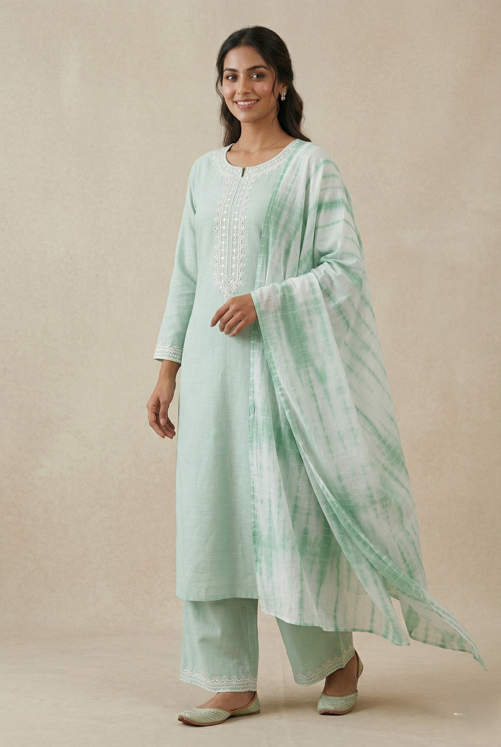 Pista Katan Silk Kurti Set with Dori, Hand & Tikki Work and Tie-Dye Net Dupatta
