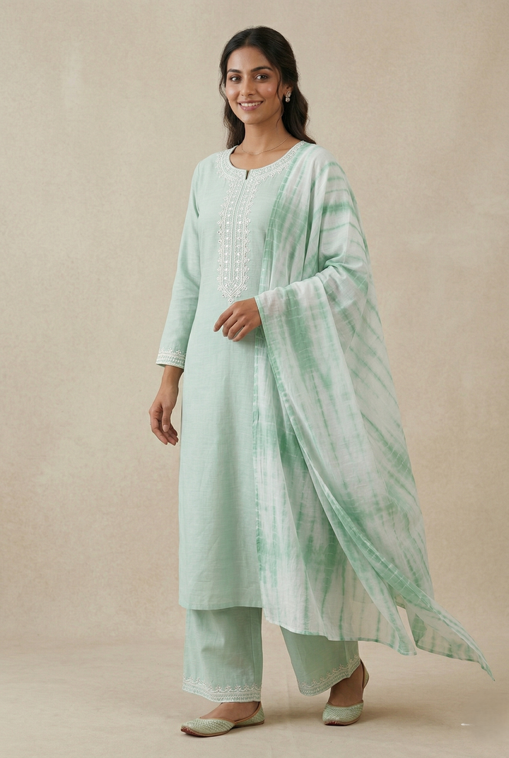 Pista Katan Silk Kurti Set with Dori, Hand & Tikki Work and Tie-Dye Net Dupatta