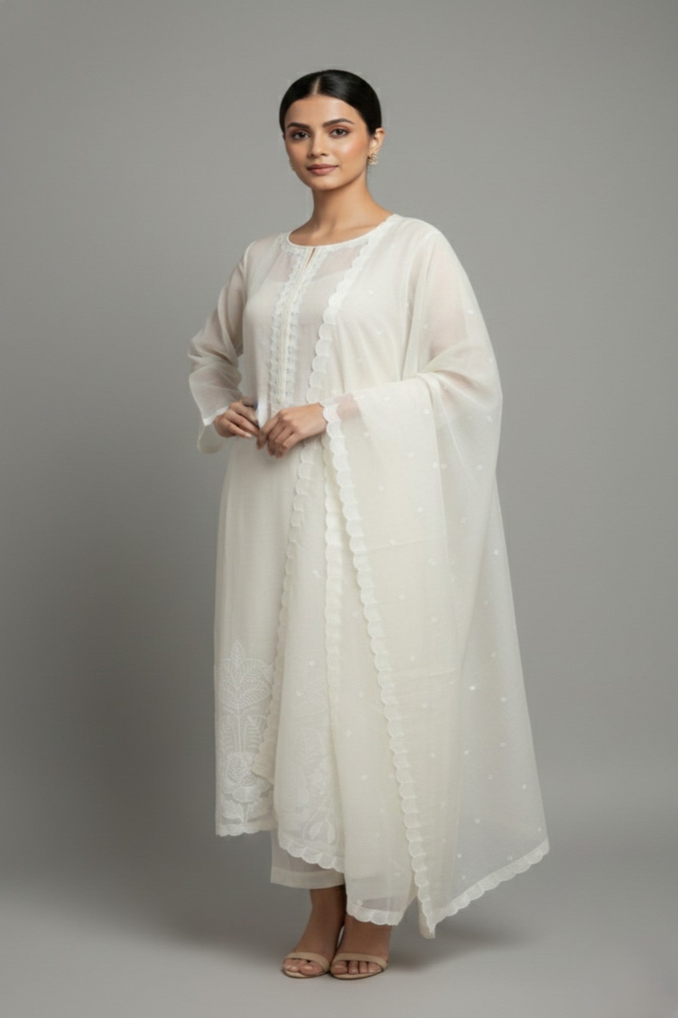 White Chanderi Semi-Stitched Kurta Set with Embroidery