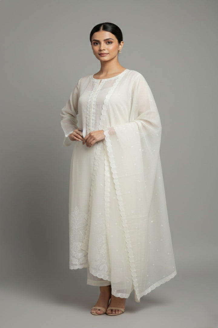 White Chanderi Semi-Stitched Kurta Set with Embroidery
