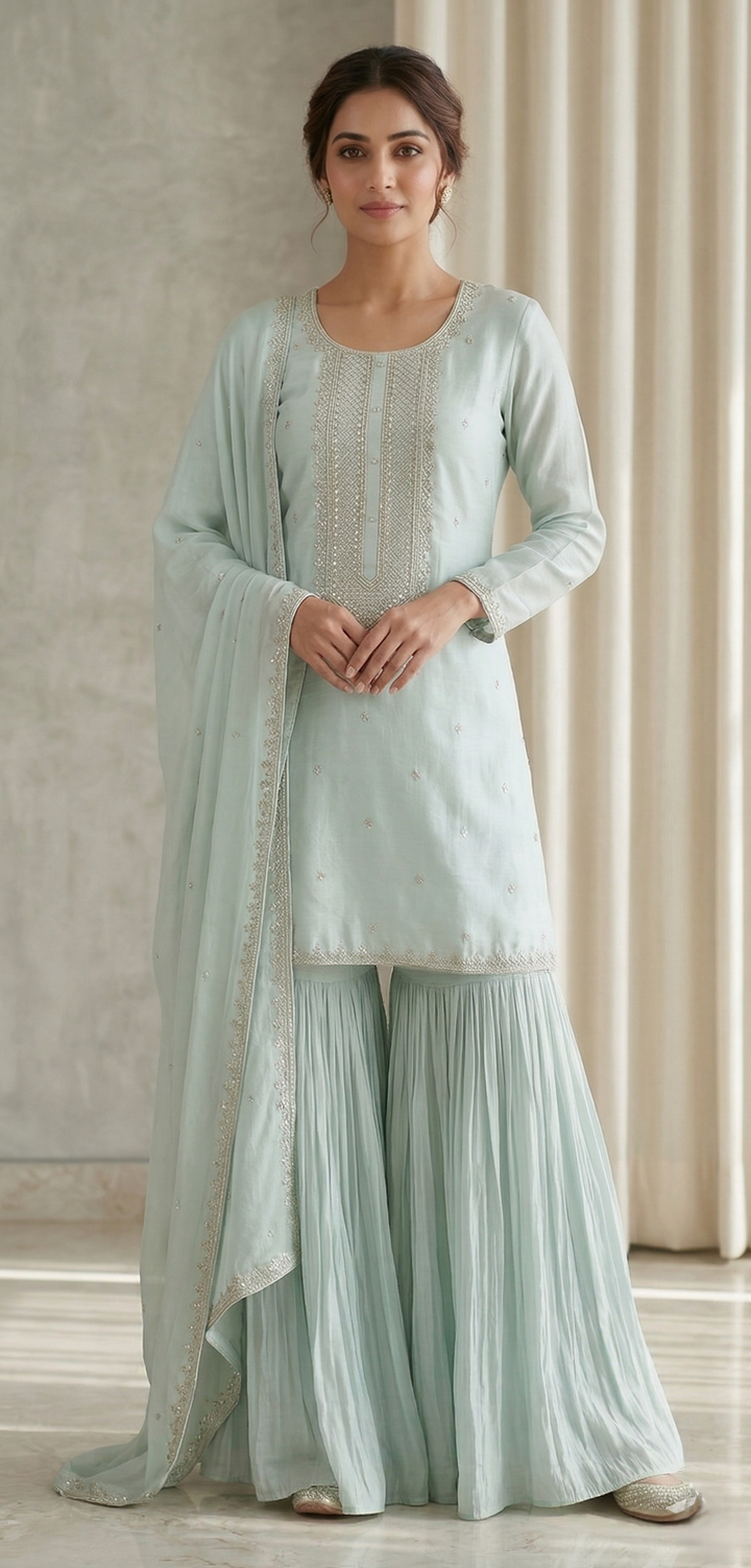 Sky Blue Chinon Kurta Gharara Set with Hand Work