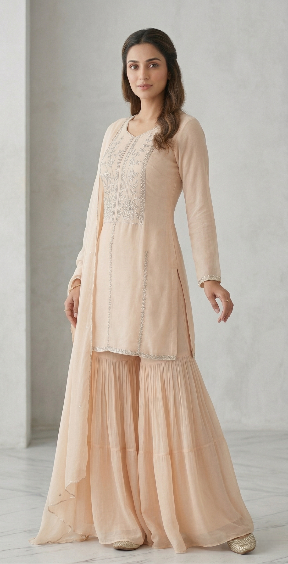 Light Peach Chinon Kurta Sharara Set with Hand Katdana Tikki Moti Work