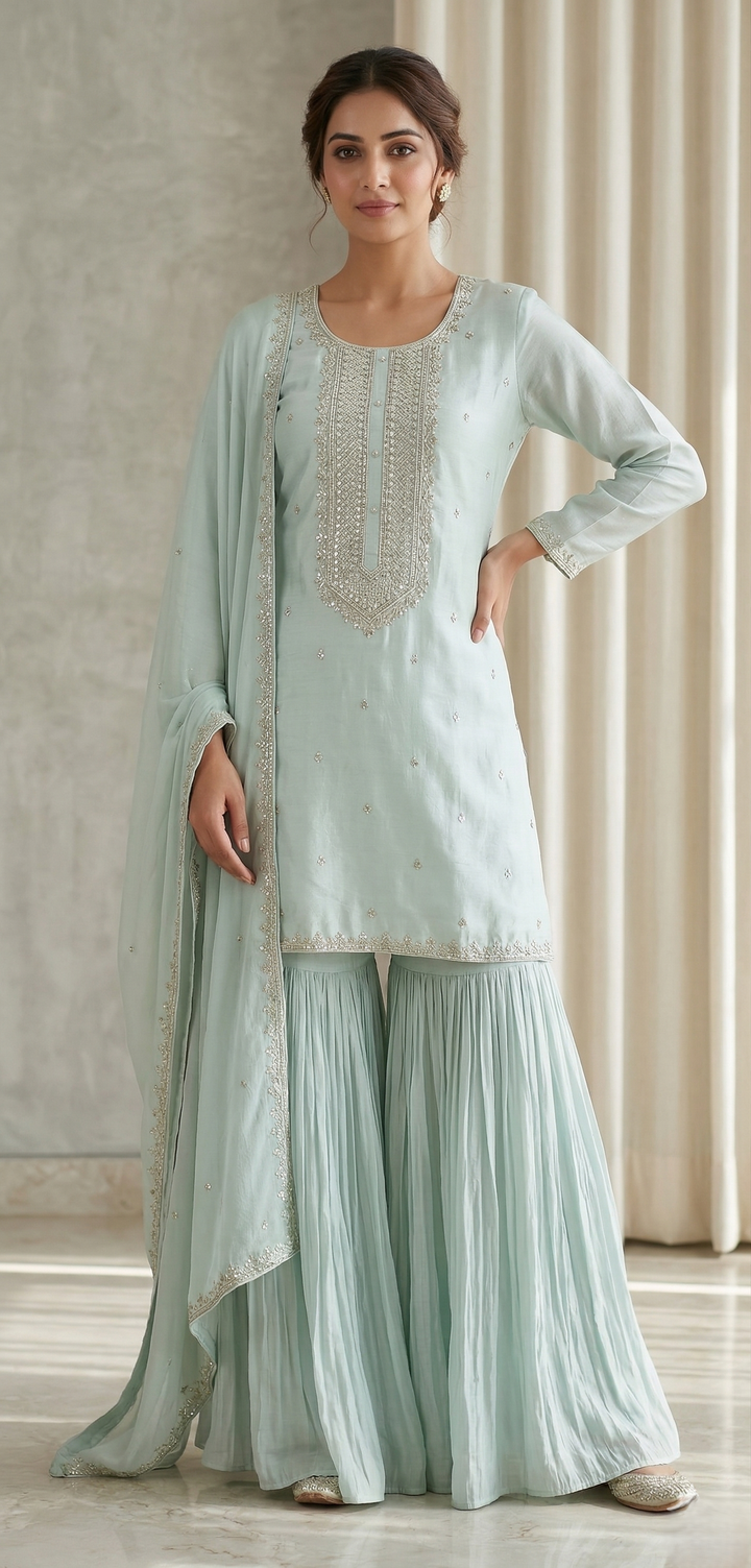 Sky Blue Chinon Kurta Gharara Set with Hand Work