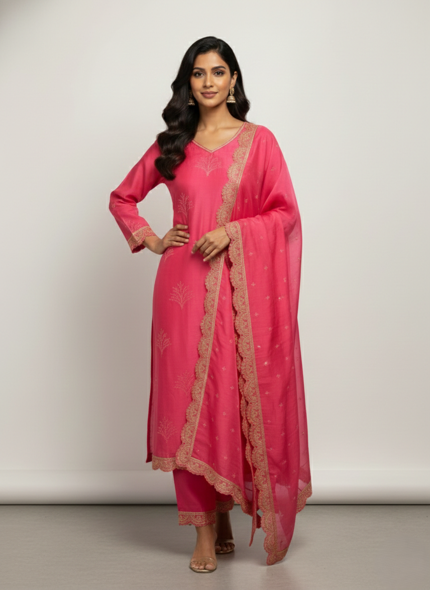 Peach Red Chanderi Semi-Stitched Kurta Set with Embroidery
