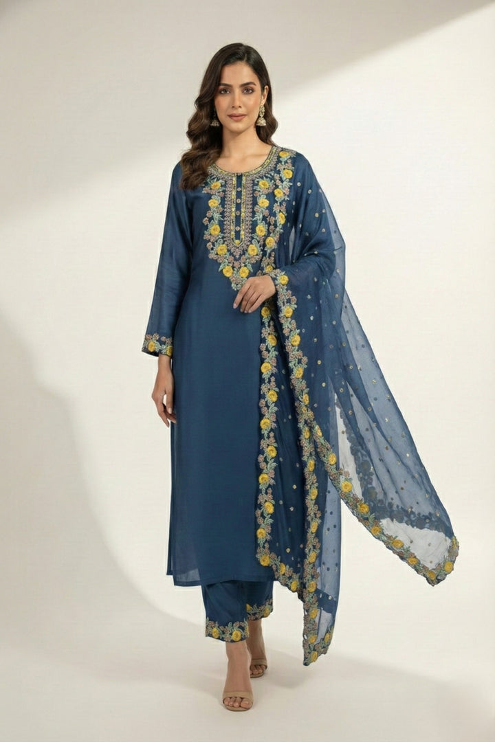 Teal Blue Chanderi Semi-Stitched Kurta Set with Computer Work