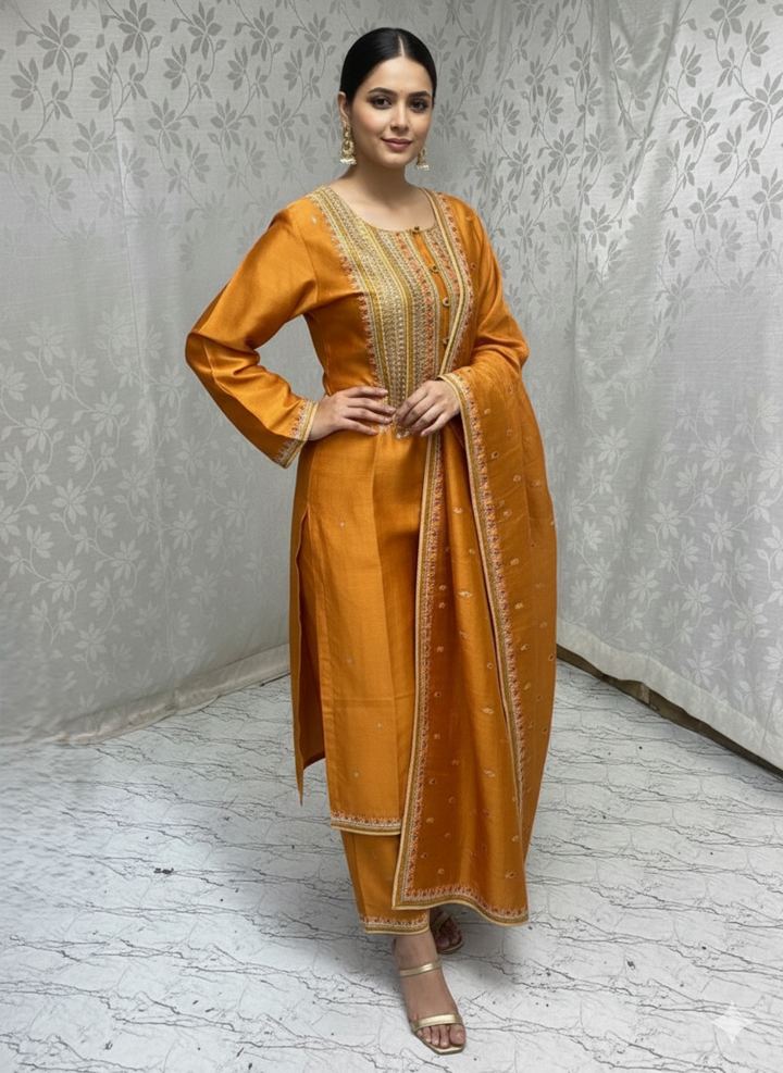 Orange Chanderi Semi-Stitched Kurta Set with hand Work
