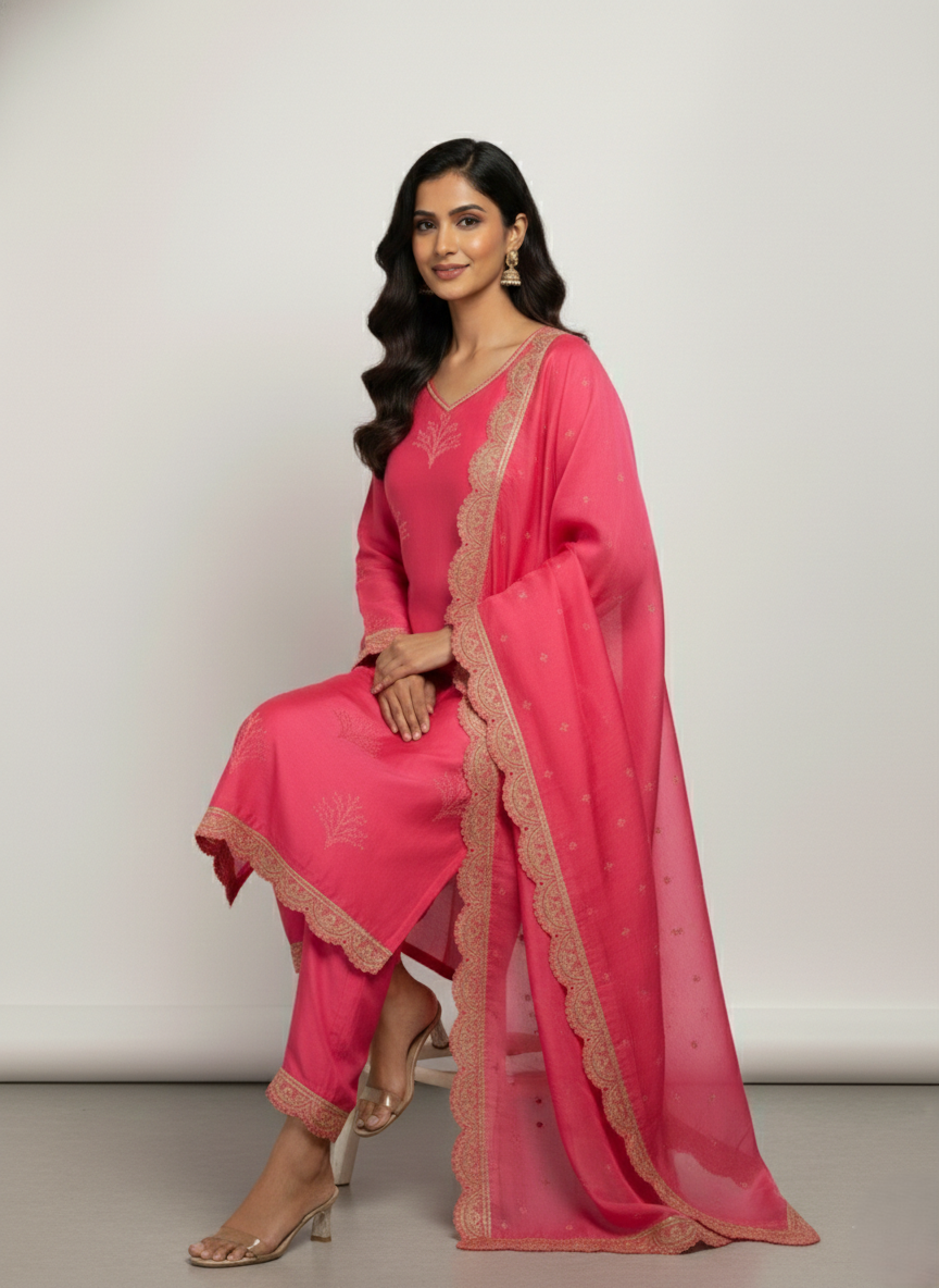 Peach Red Chanderi Semi-Stitched Kurta Set with Embroidery