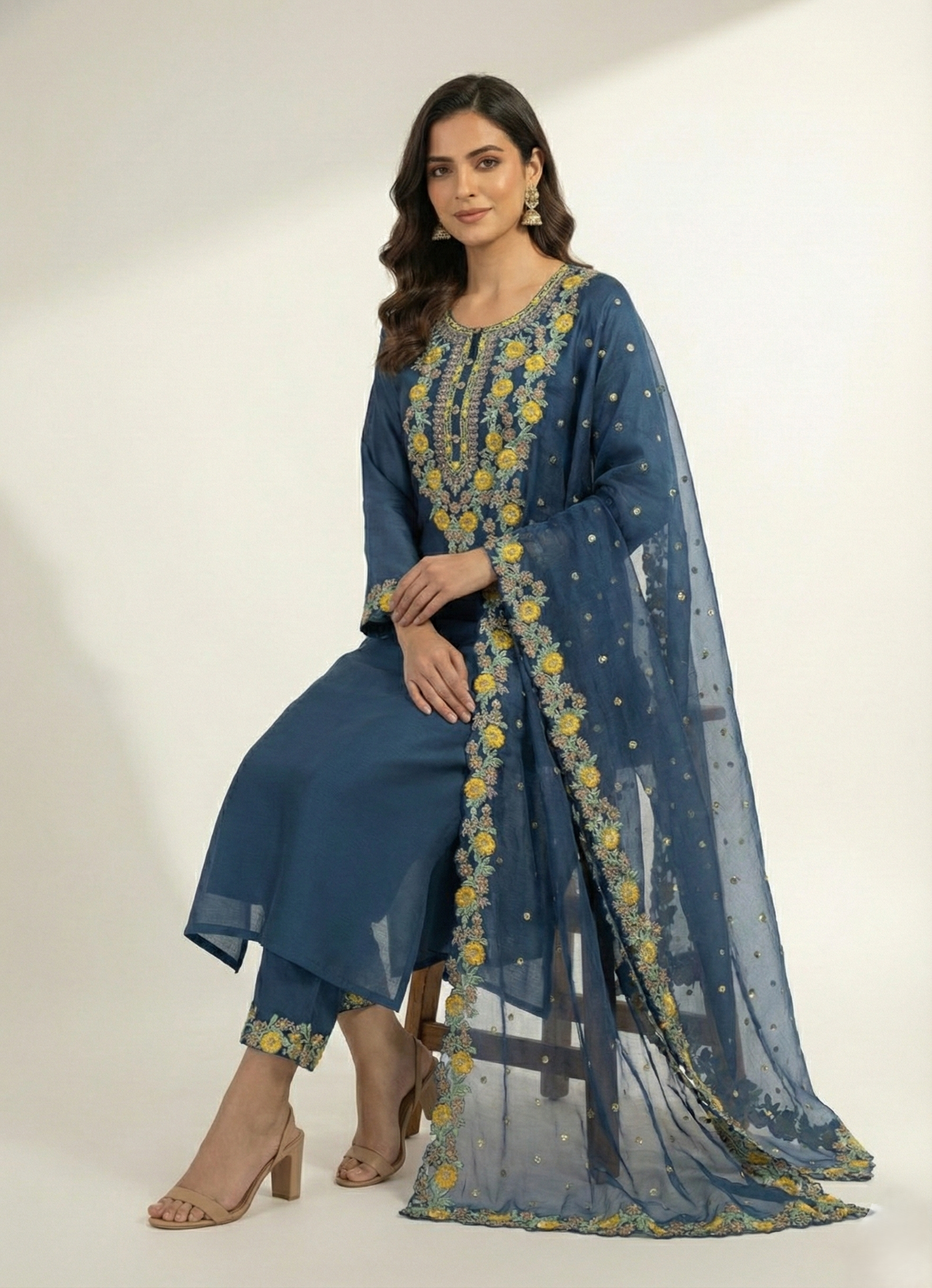 Teal Blue Chanderi Semi-Stitched Kurta Set with Computer Work