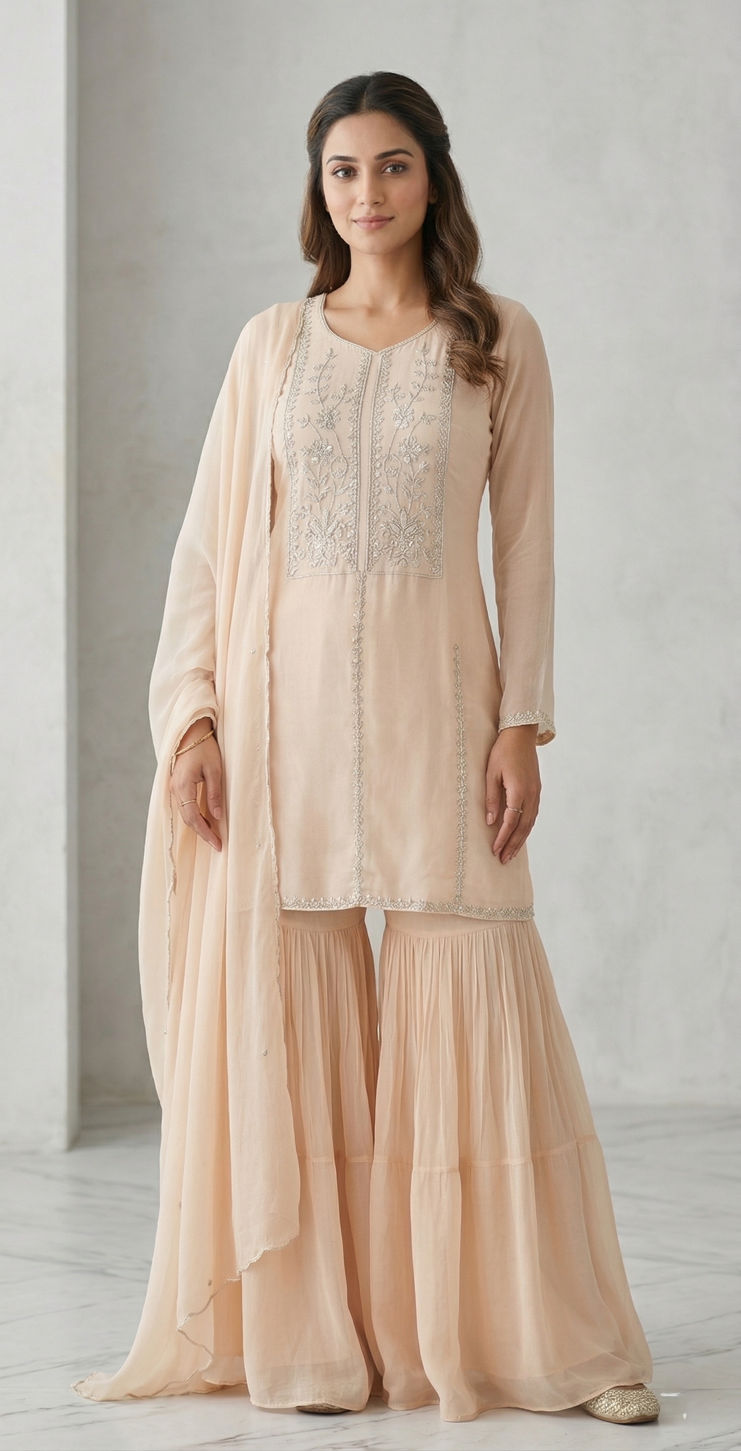 Light Peach Chinon Kurta Sharara Set with Hand Katdana Tikki Moti Work