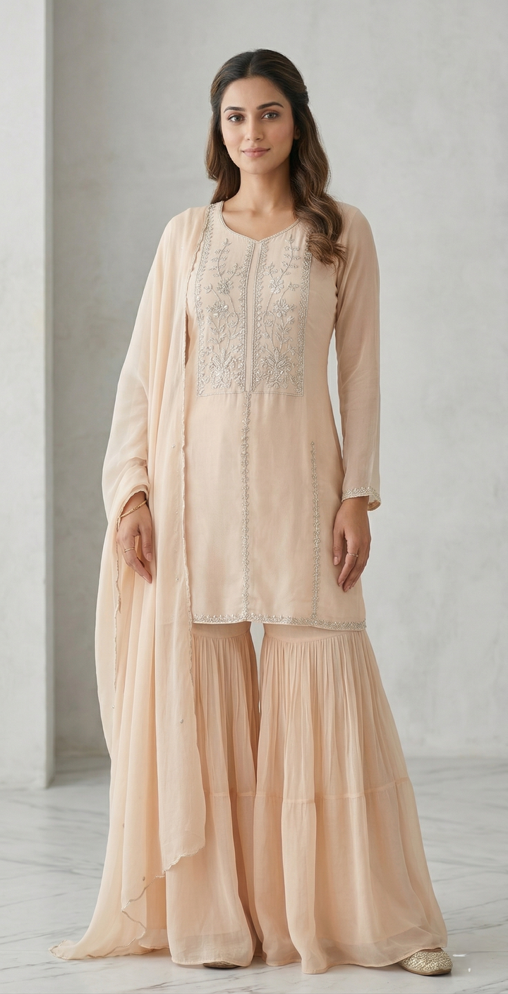Light Peach Chinon Kurta Sharara Set with Hand Katdana Tikki Moti Work