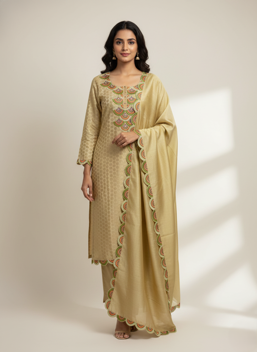 Khaki Chanderi Semi-Stitched Kurta Set with Computer Work