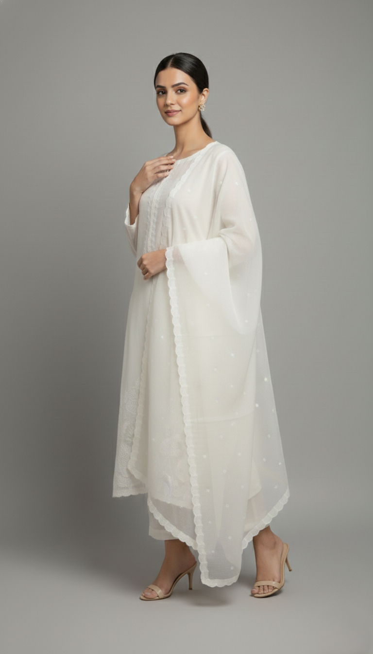 White Chanderi Semi-Stitched Kurta Set with Embroidery