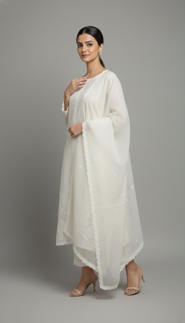 White Chanderi Semi-Stitched Kurta Set with Embroidery