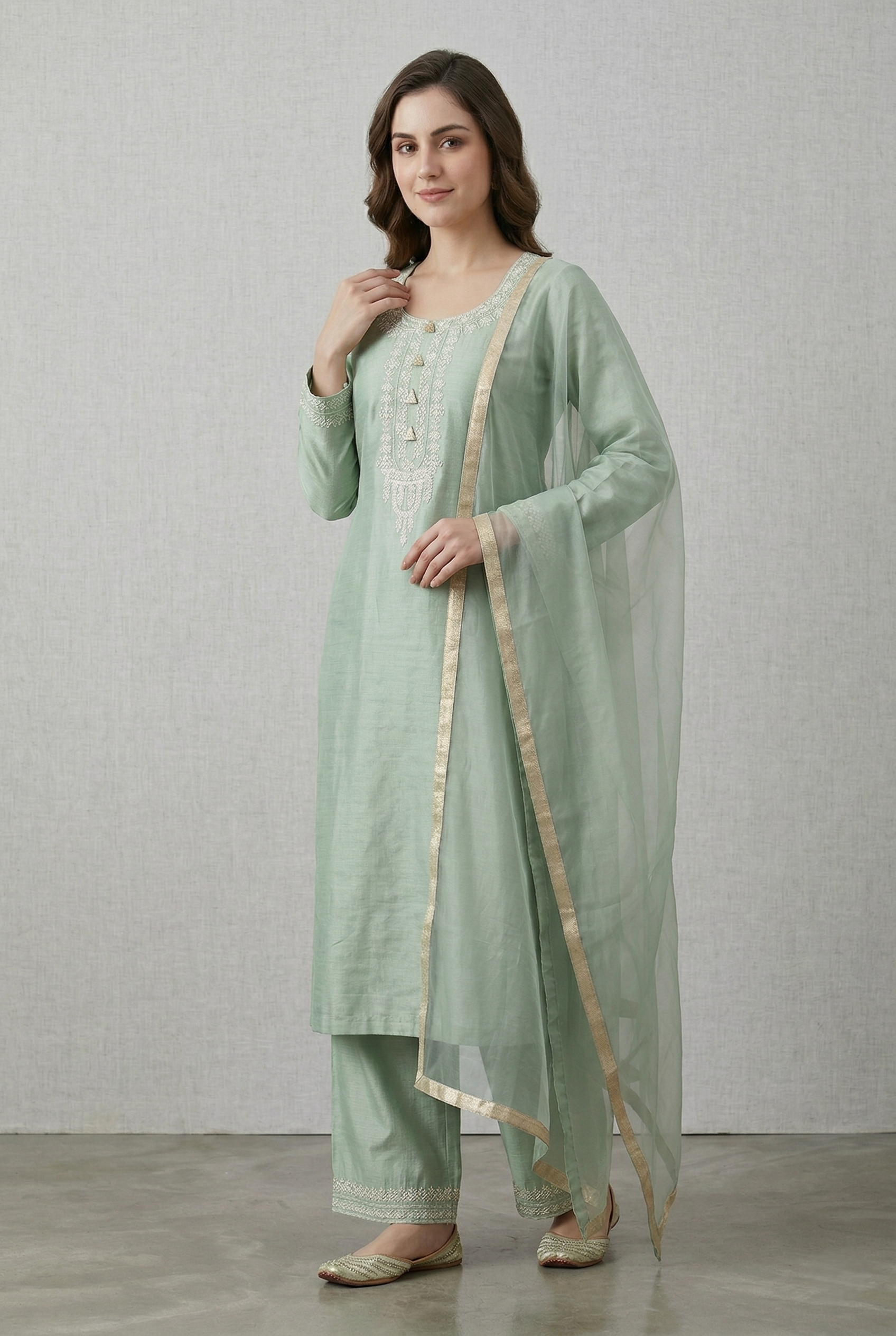 Aquamarine Green Katan Silk Kurti Set with Dori Work and Net Dupatta