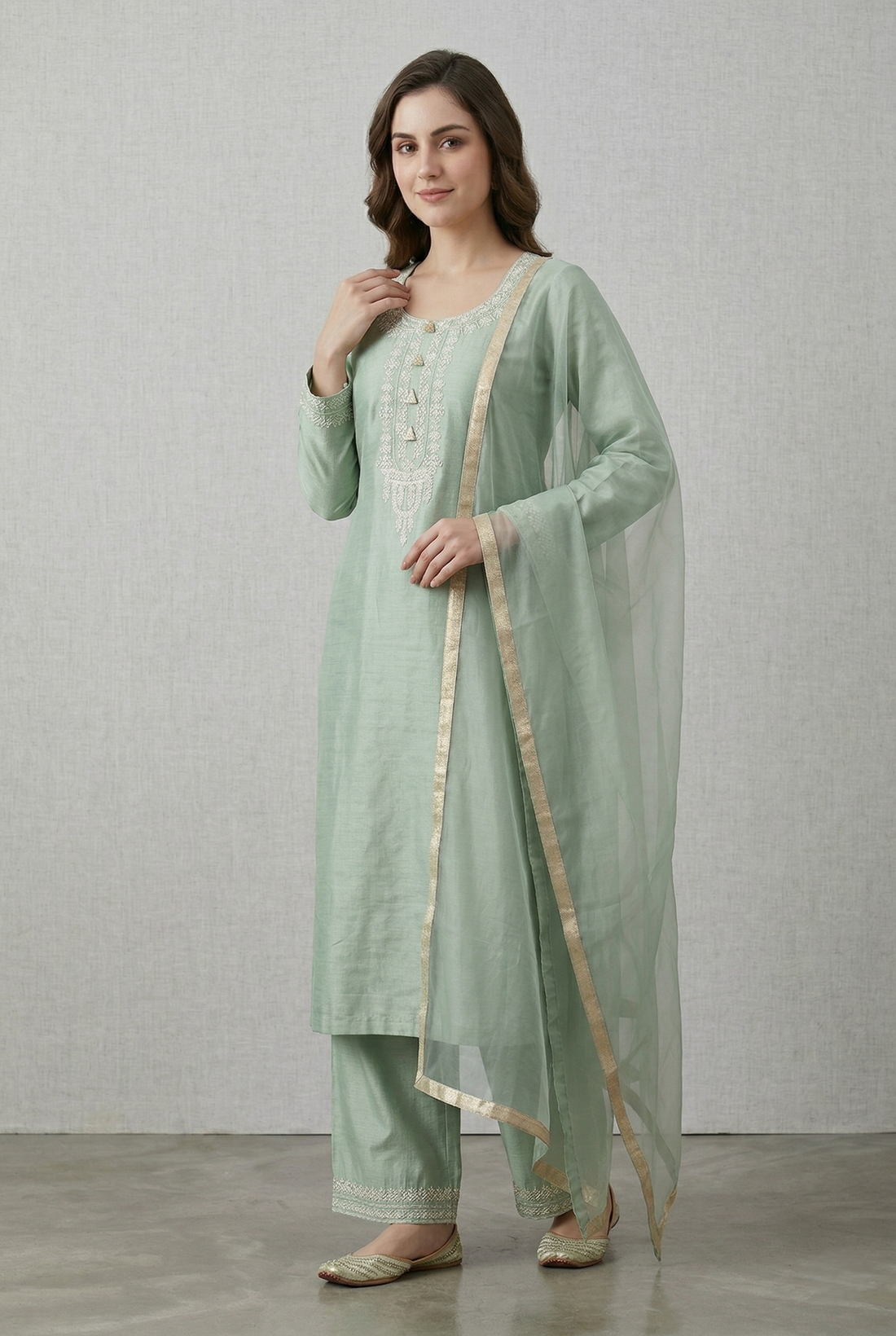 Aquamarine Green Katan Silk Kurti Set with Dori Work and Net Dupatta