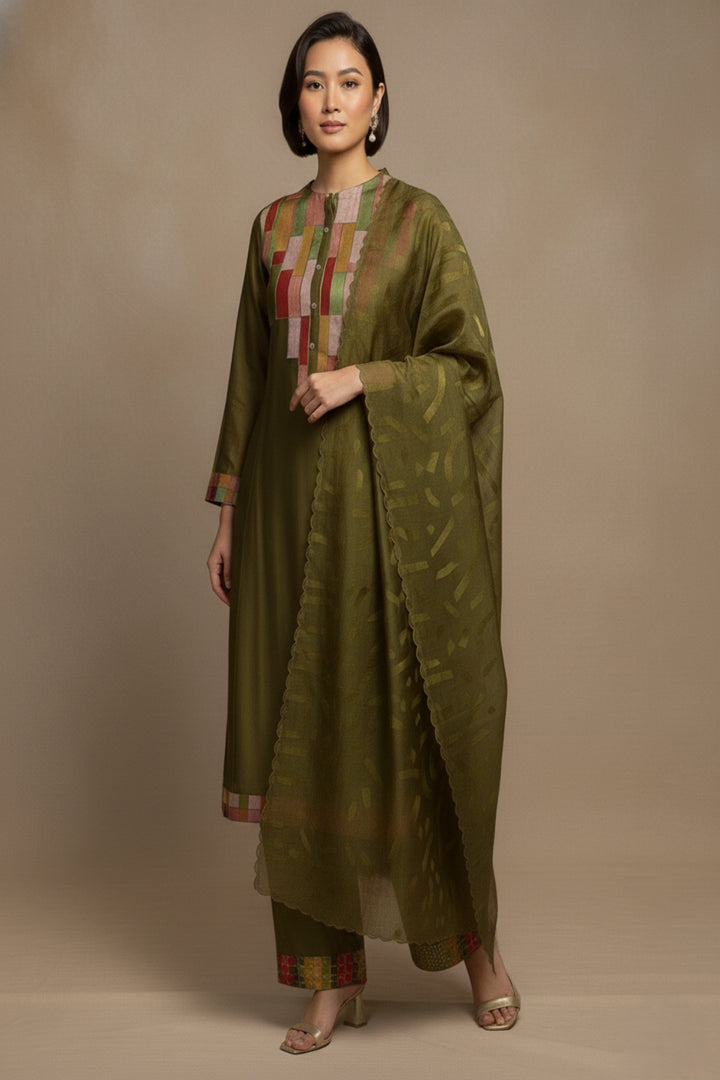 Buy Mendi Green Chanderi Semi-Stitched Suit