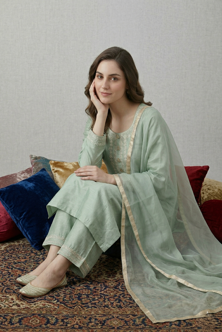 Aquamarine Green Katan Silk Kurti Set with Dori Work and Net Dupatta