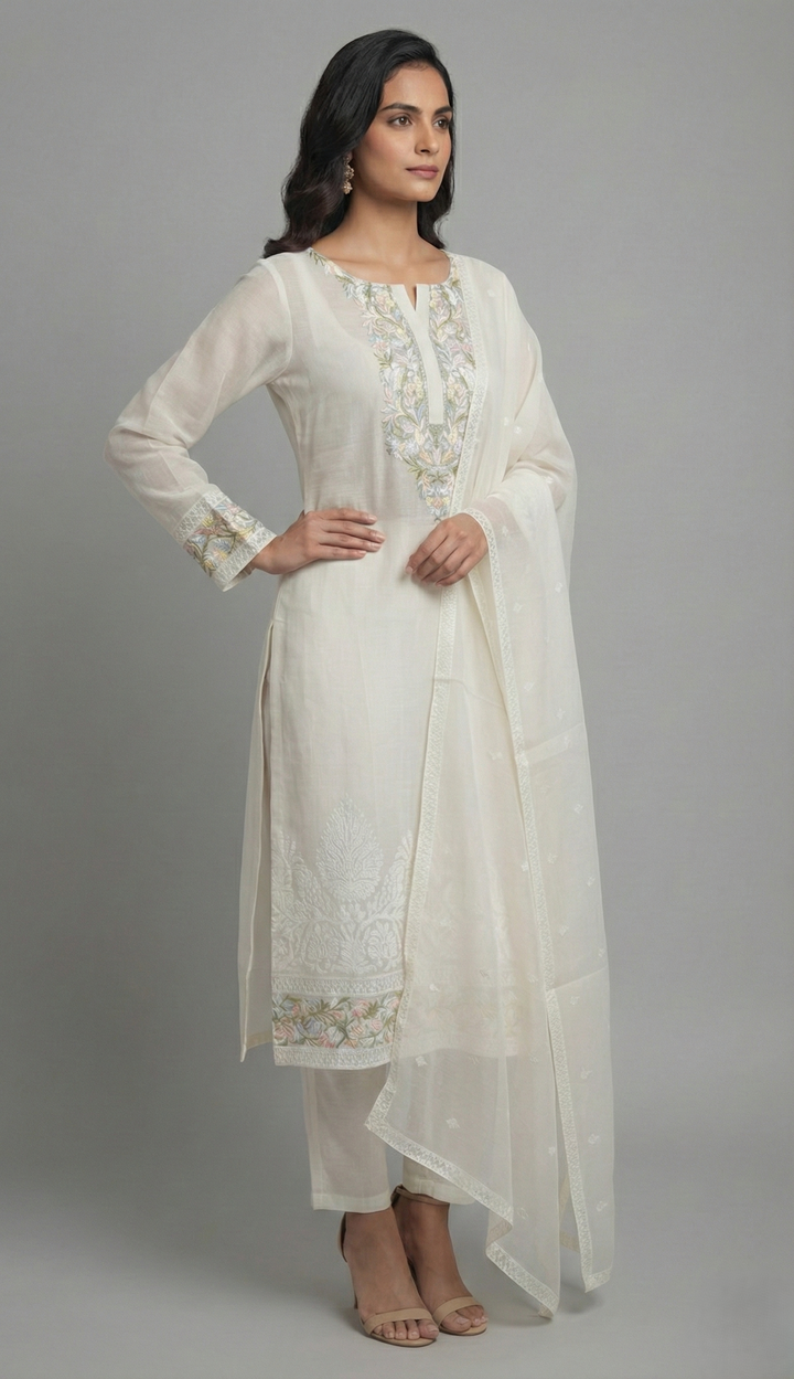White Chanderi Semi-Stitched Kurta Set with Embroidery