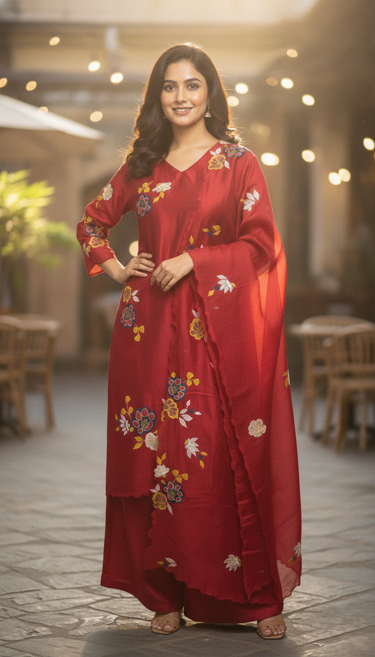 Maroon Pure Silk Chanderi Semi-Stitched Suit Set