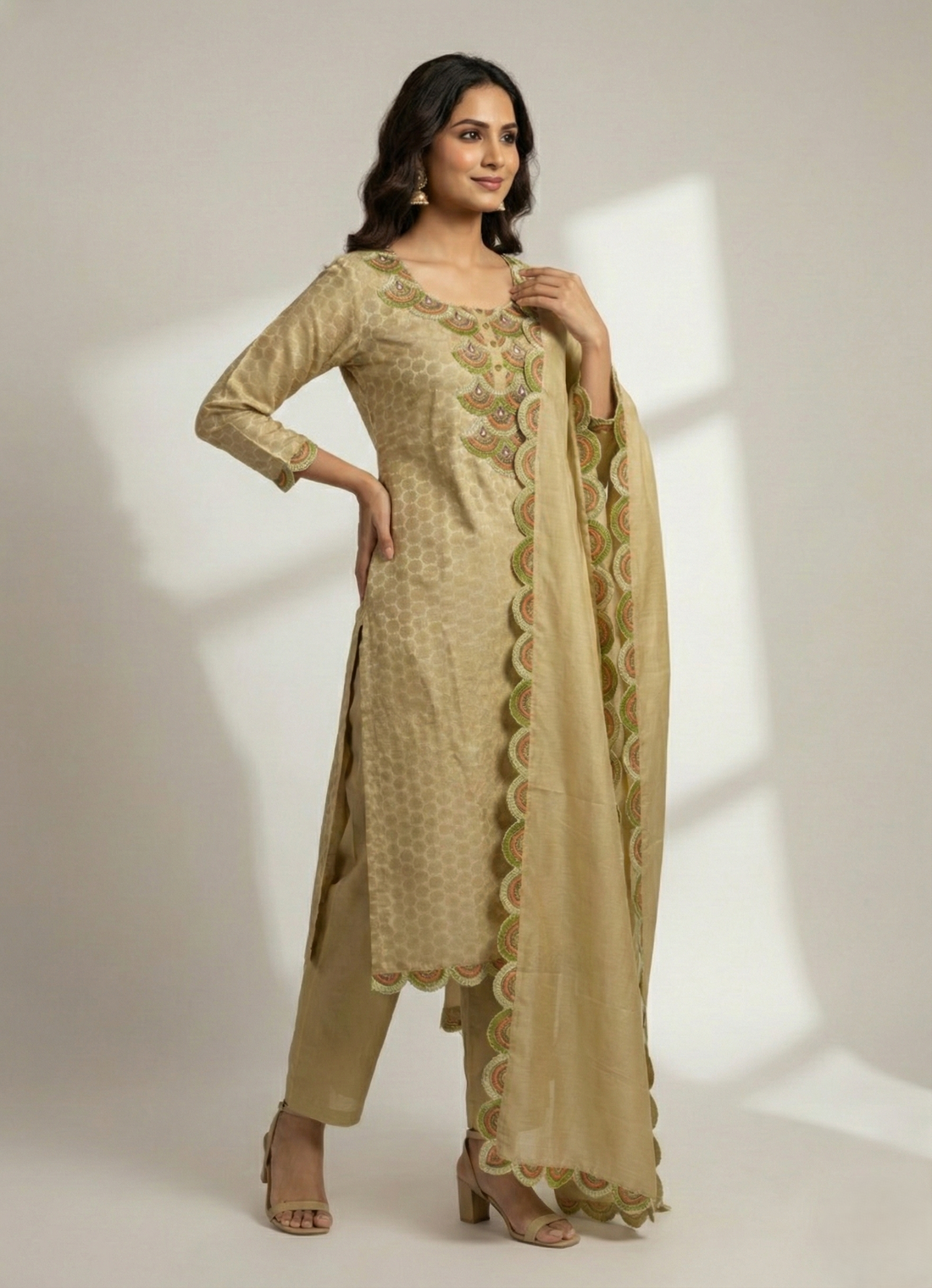 Khaki Chanderi Semi-Stitched Kurta Set with Computer Work