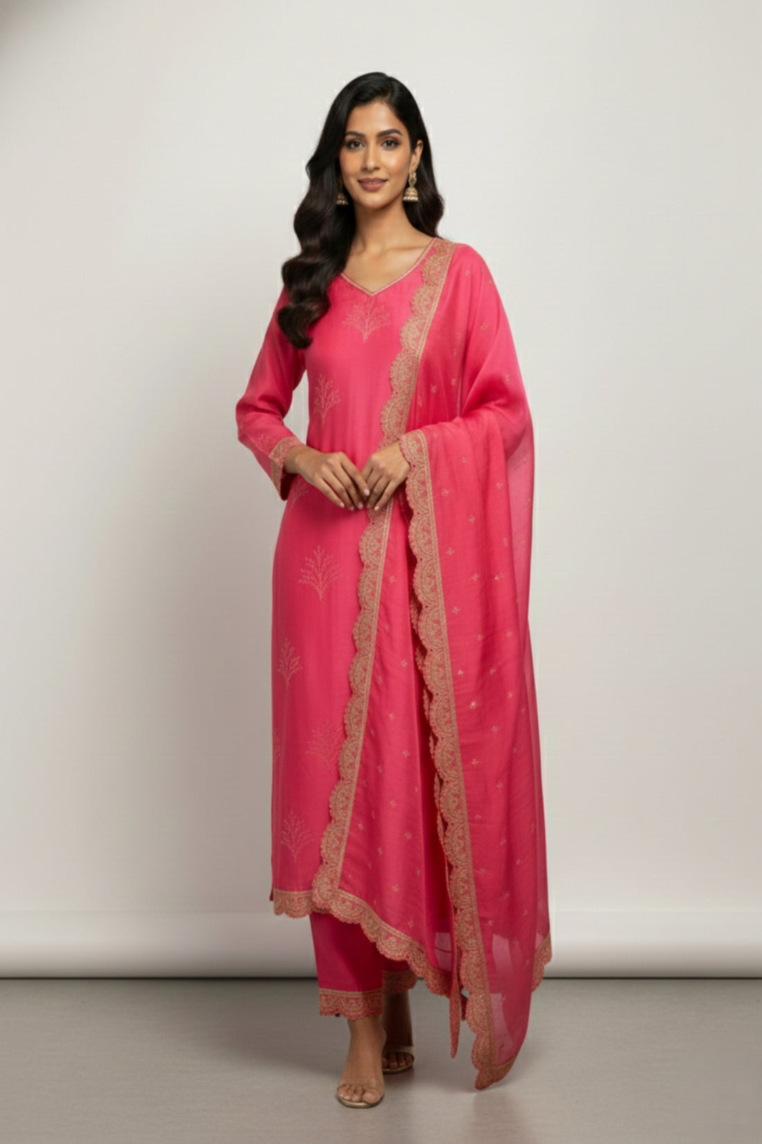 Peach Red Chanderi Semi-Stitched Kurta Set with Embroidery