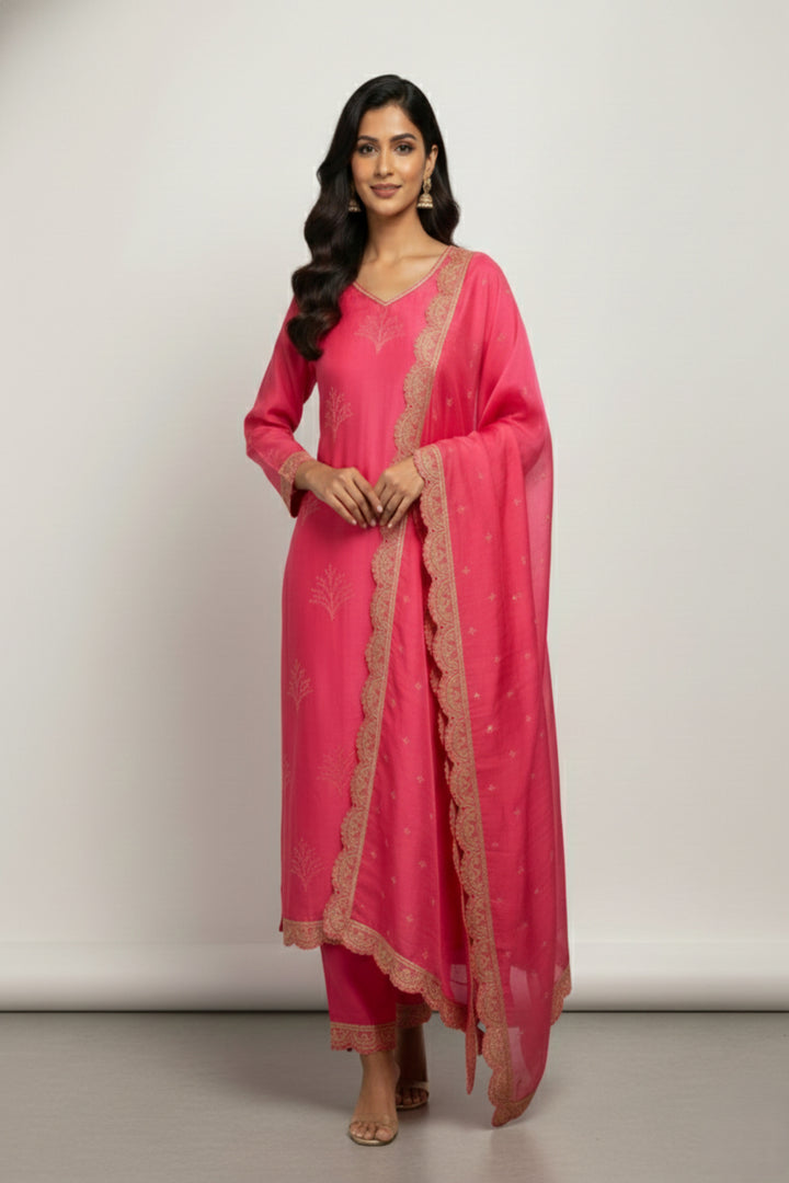 Peach Red Chanderi Semi-Stitched Kurta Set with Embroidery