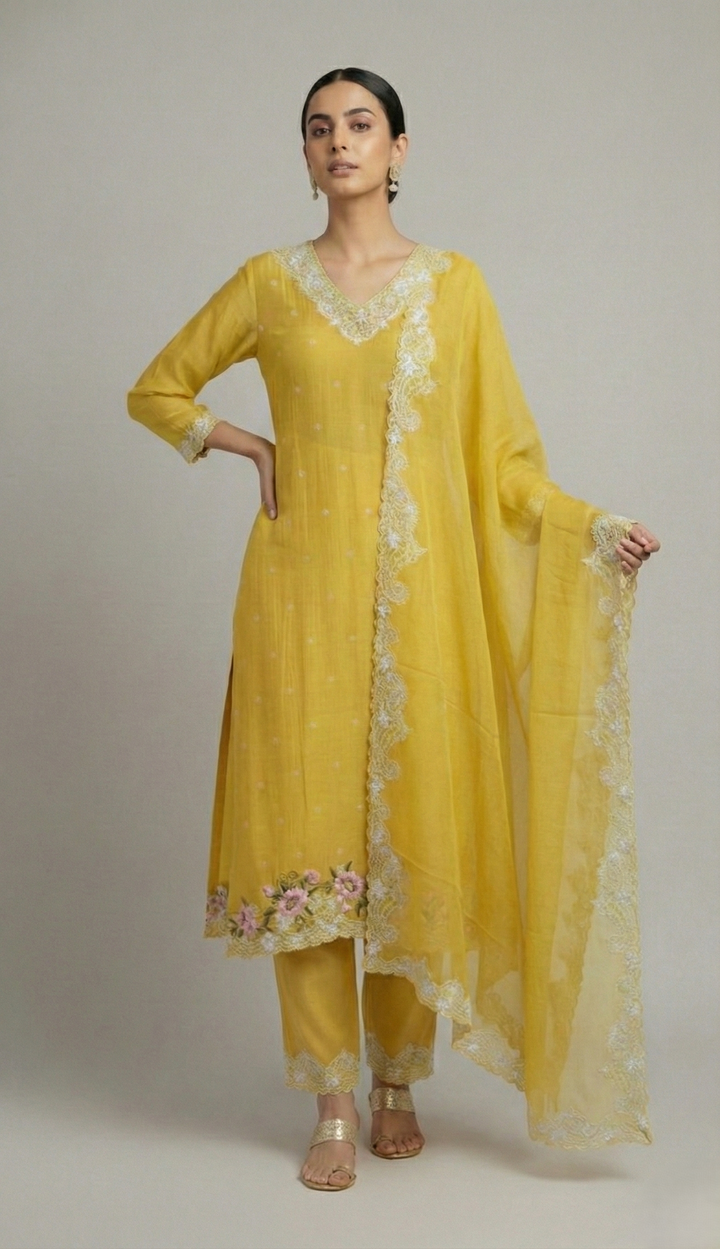 Lime Yellow Chanderi Semi-Stitched Kurta Set with Embroidery