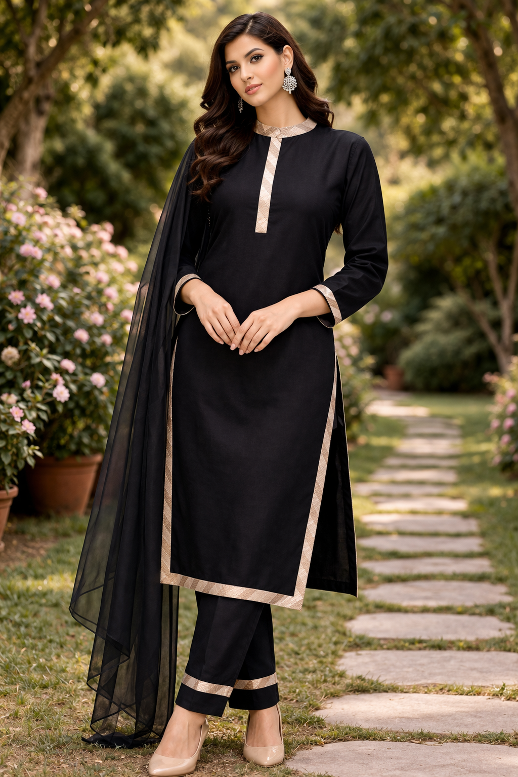 Black Katan Silk Kurti Set with Net Dupatta & Lace Work High Neck
