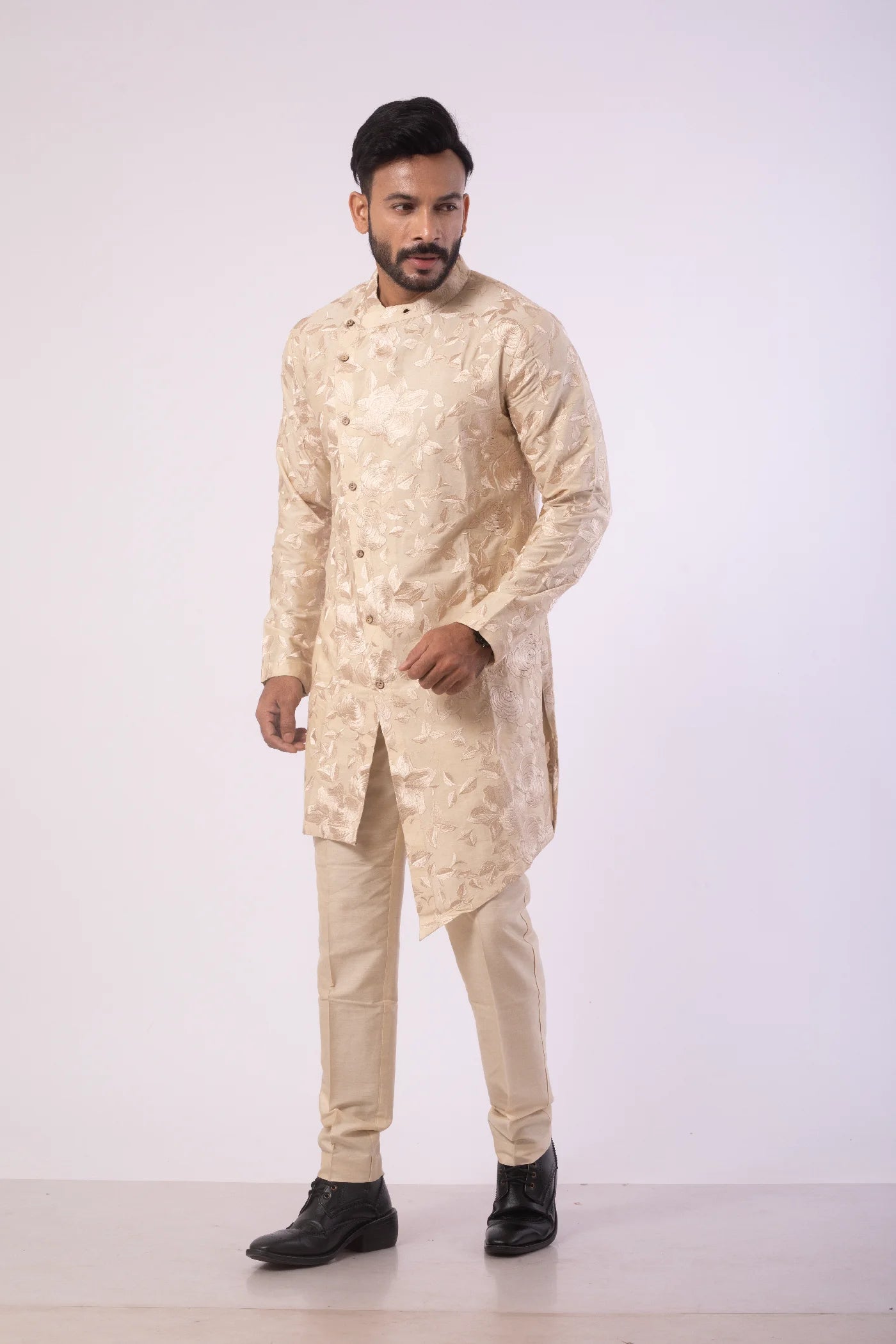 Bone Brown Resham Embroidered Kurta Set
