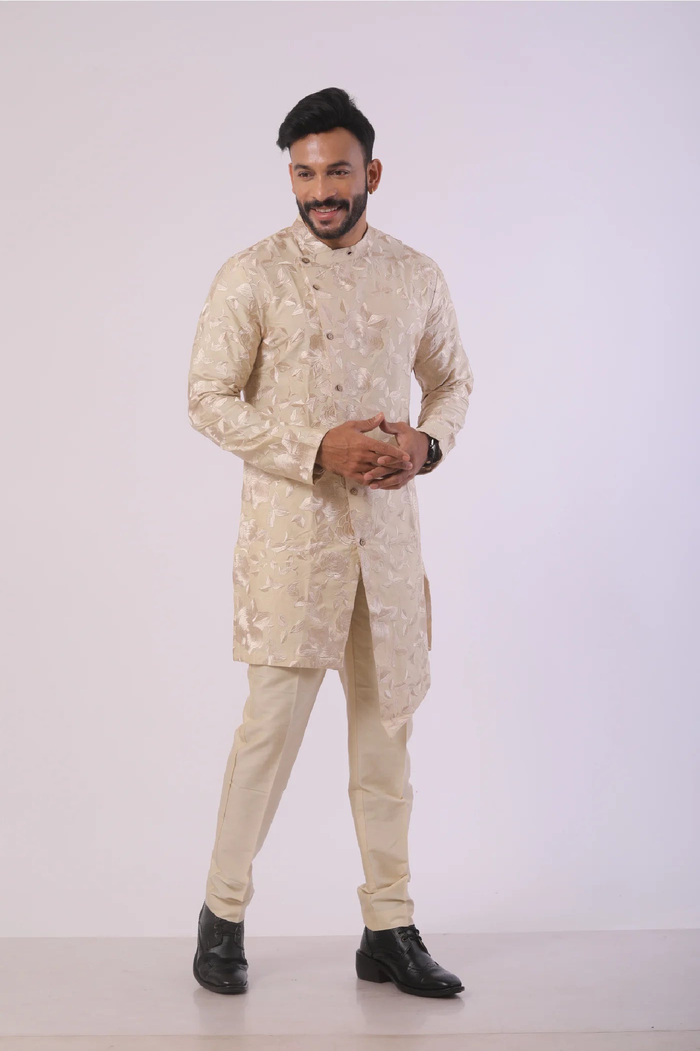 Bone Brown Resham Embroidered Kurta Set