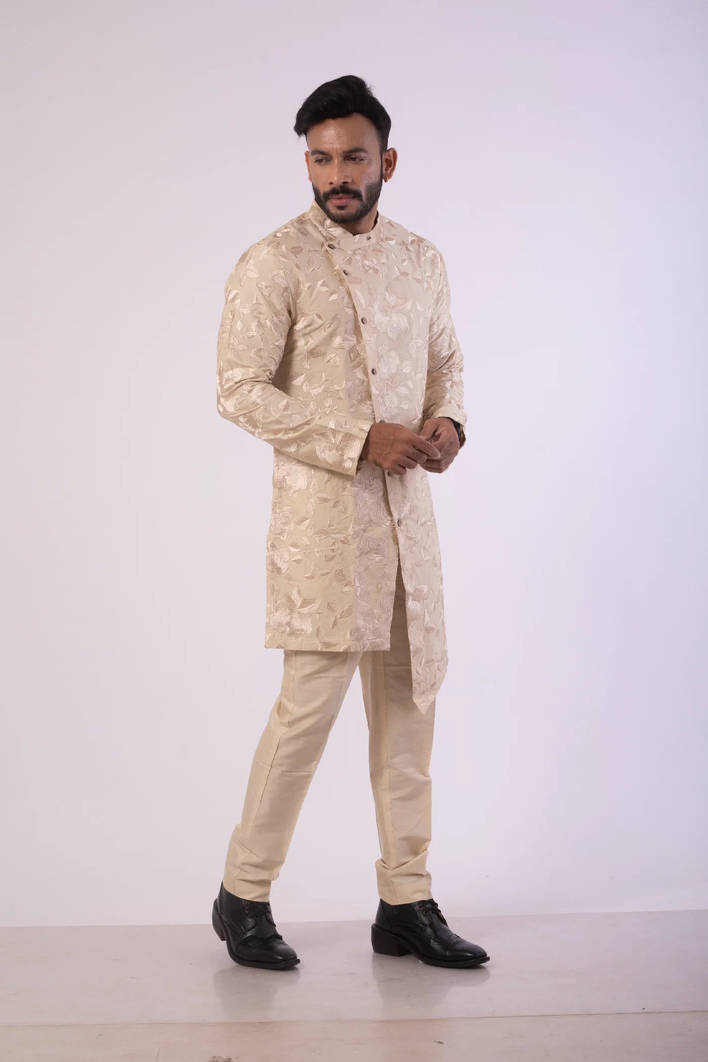 Bone Brown Resham Embroidered Kurta Set