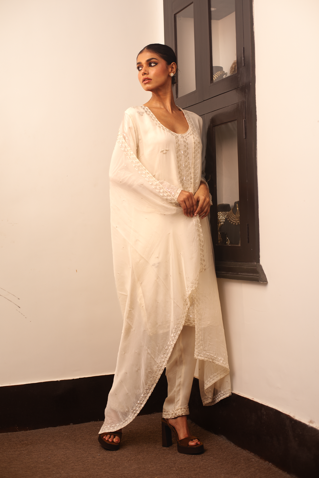 OFF WHITE KURTI WITH 1 LAYER SHARARA AND DUPATTA