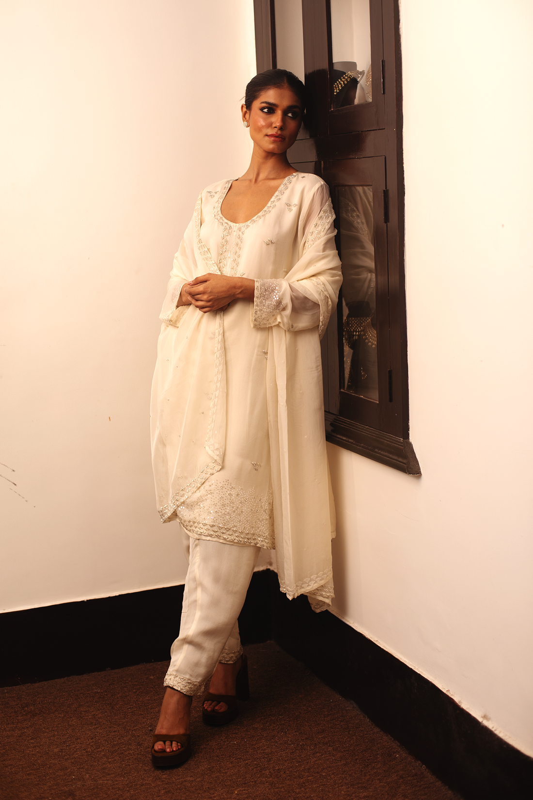 OFF WHITE KURTI WITH 1 LAYER SHARARA AND DUPATTA