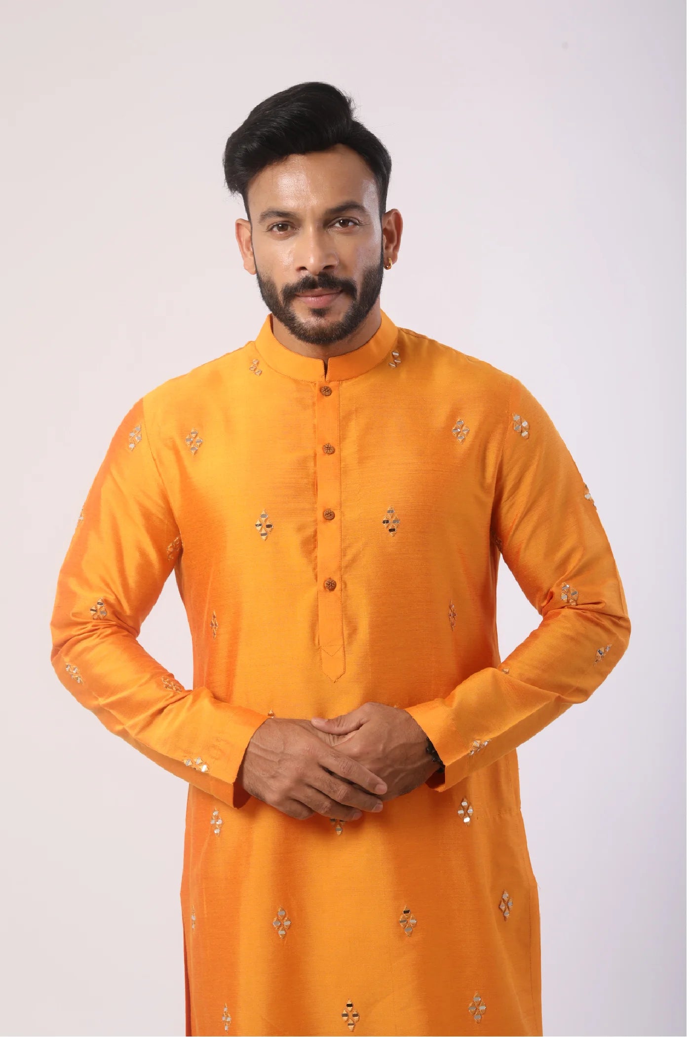 Orange Katan Silk Kurta Set with Mirror Embroidery