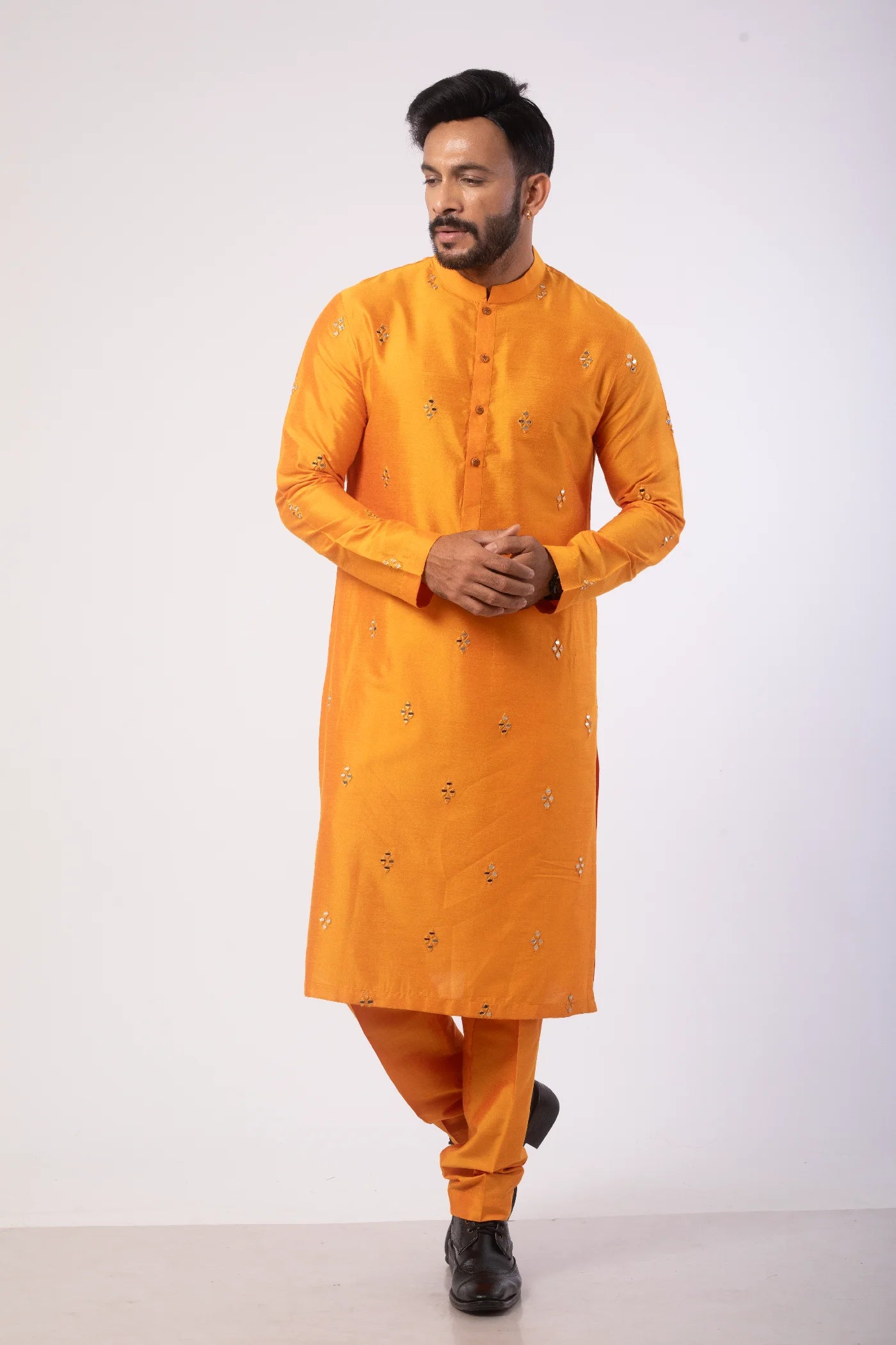 Orange Katan Silk Kurta Set with Mirror Embroidery