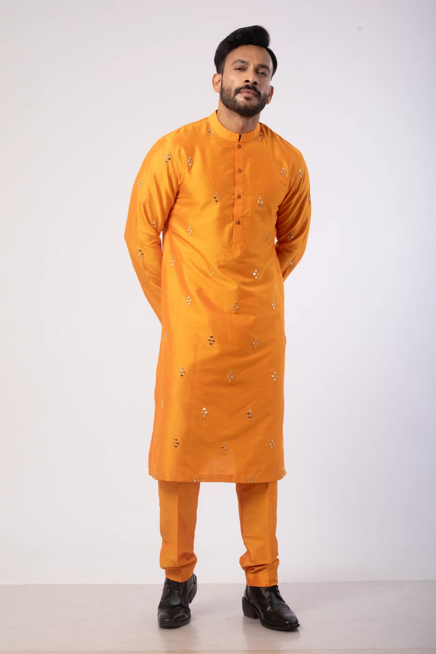 Orange Katan Silk Kurta Set with Mirror Embroidery