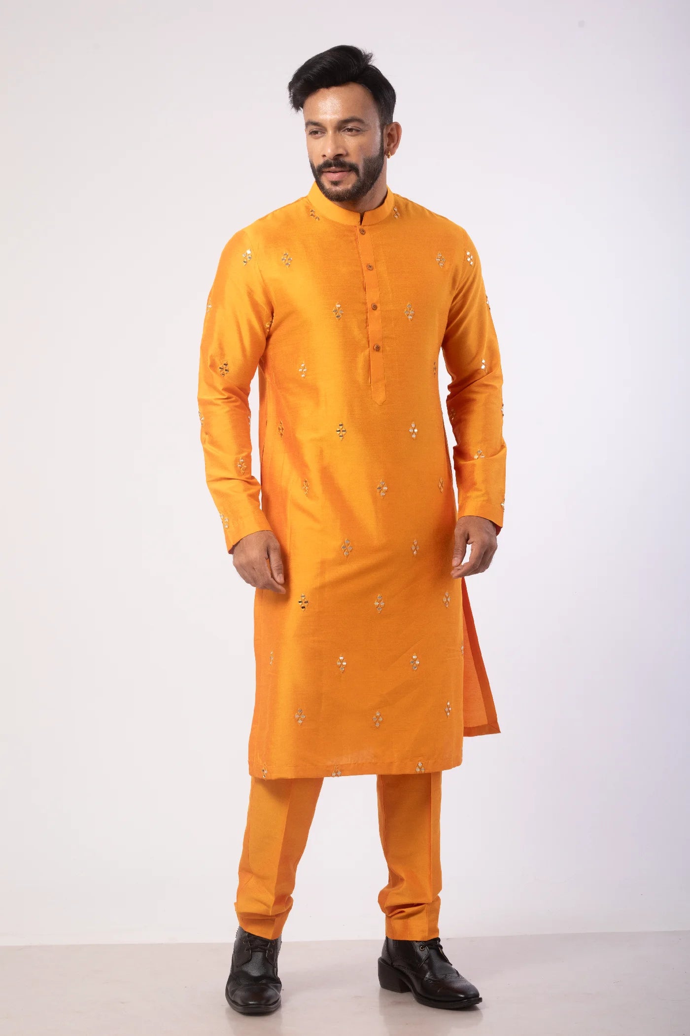 Orange Katan Silk Kurta Set with Mirror Embroidery