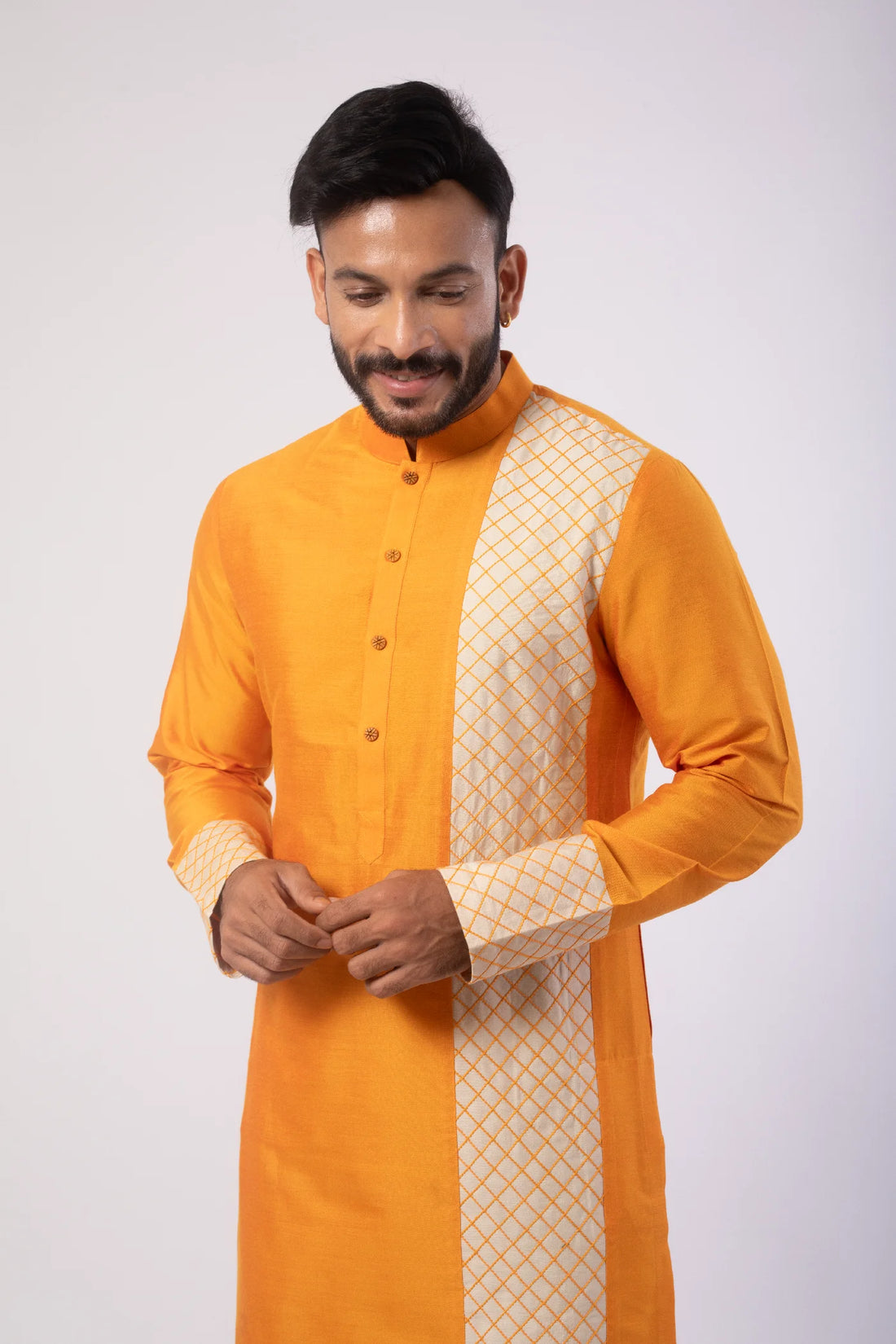 Orange stitch work Kurta with Pant set for men