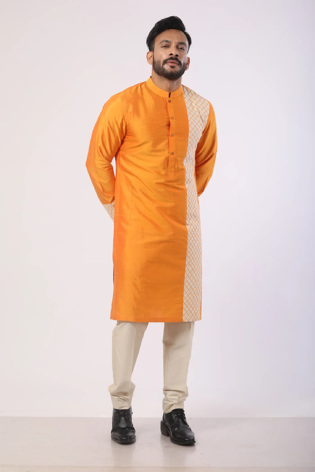 Orange stitch work Kurta with Pant set for men