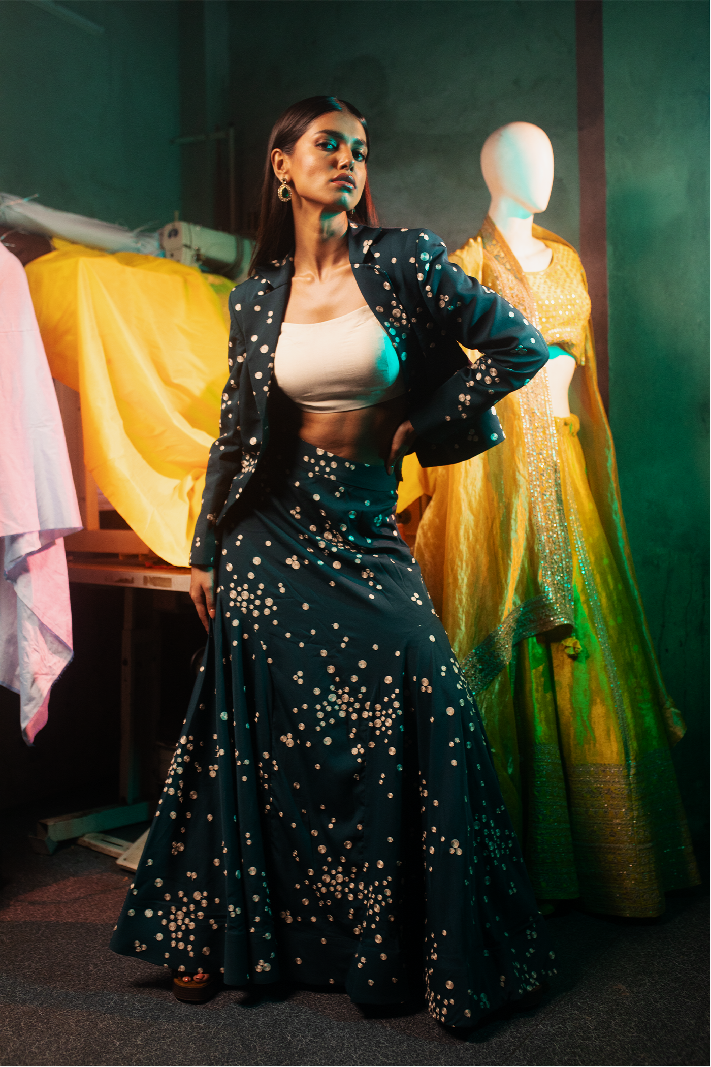 Bottle Green Katan Silk Co-Ord Set with Skirt & Blazer