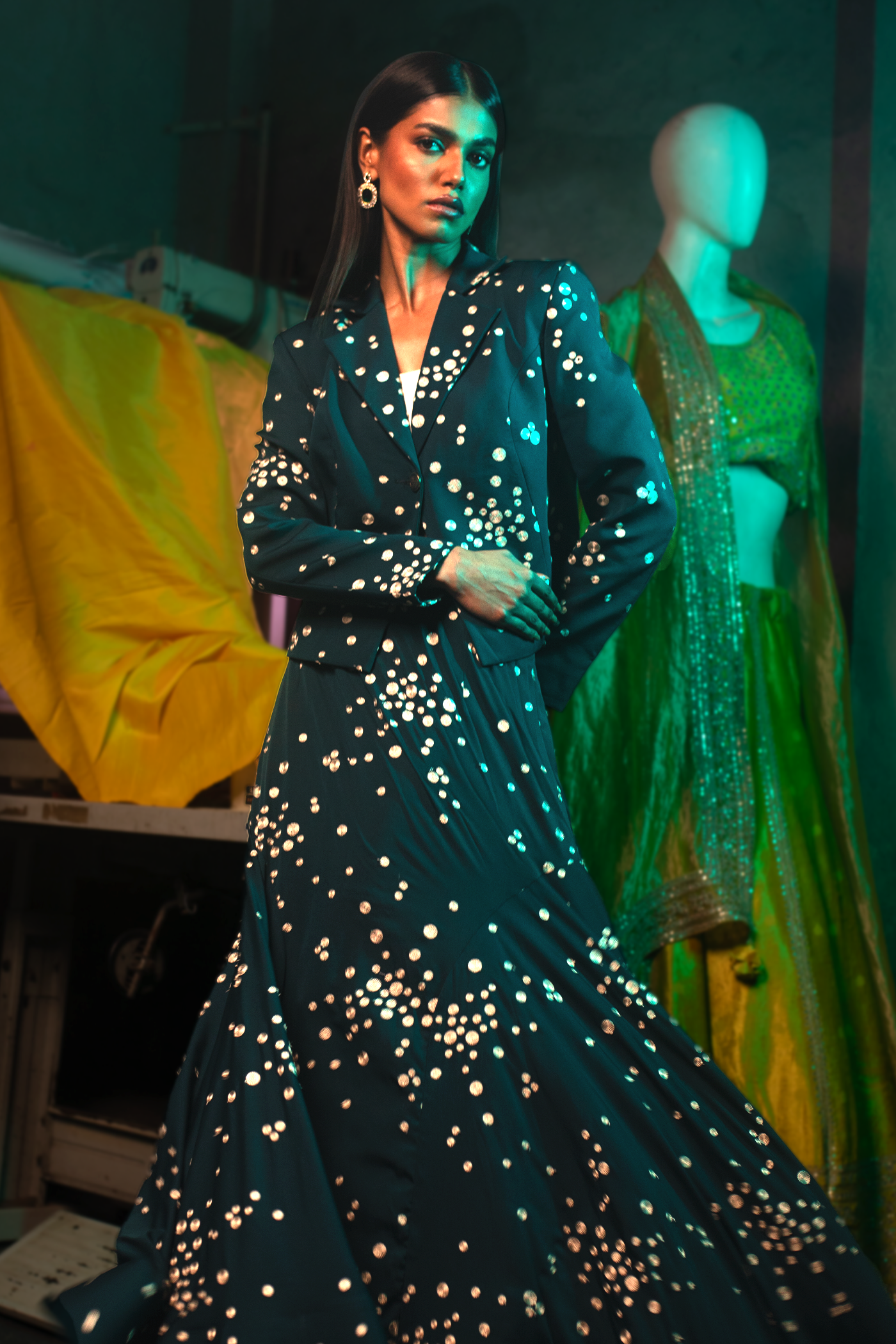 Bottle Green Katan Silk Co-Ord Set with Skirt & Blazer