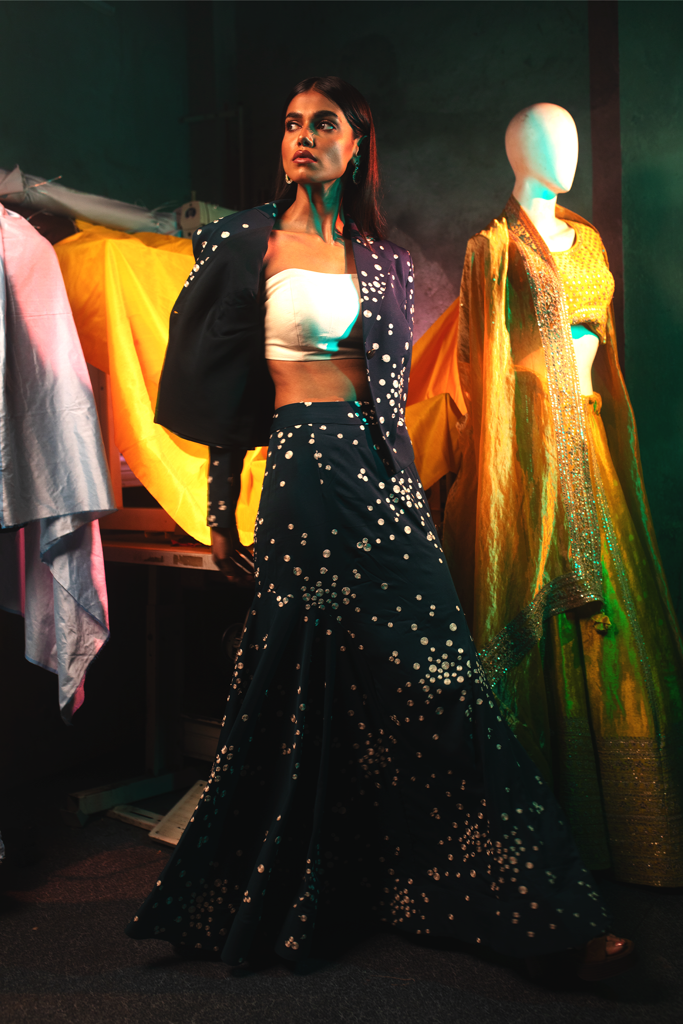 Bottle Green Katan Silk Co-Ord Set with Skirt & Blazer