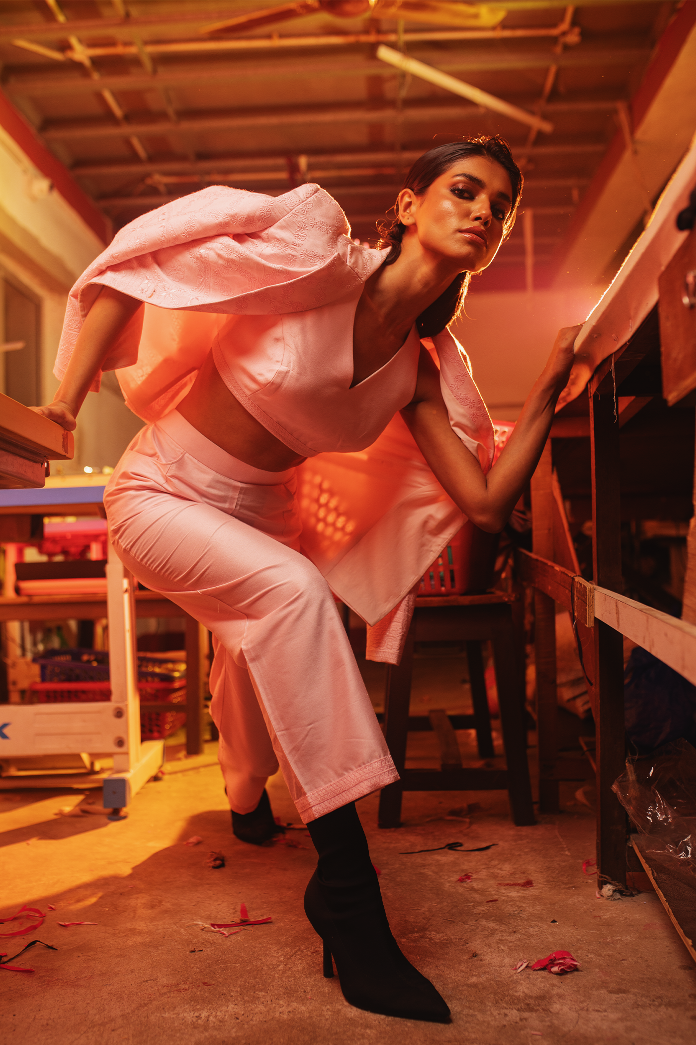 Pink Co-ord Set with Bustier and Bell Bottom Pants