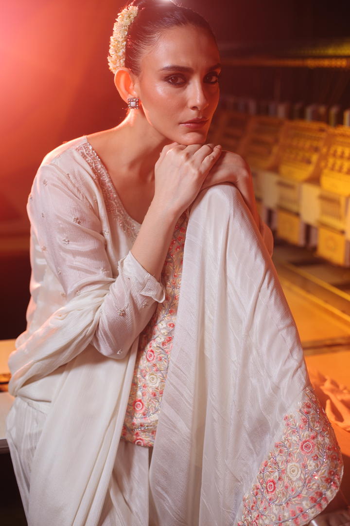 OFF WHITE KURTI WITH PALAZZO AND DUPATTA