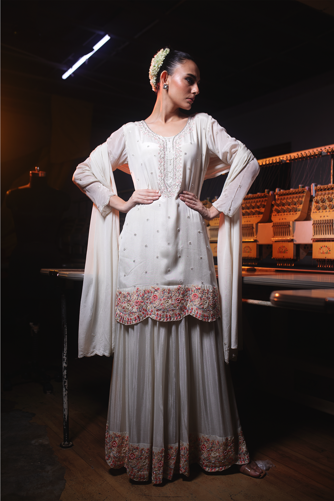 OFF WHITE KURTI WITH PALAZZO AND DUPATTA