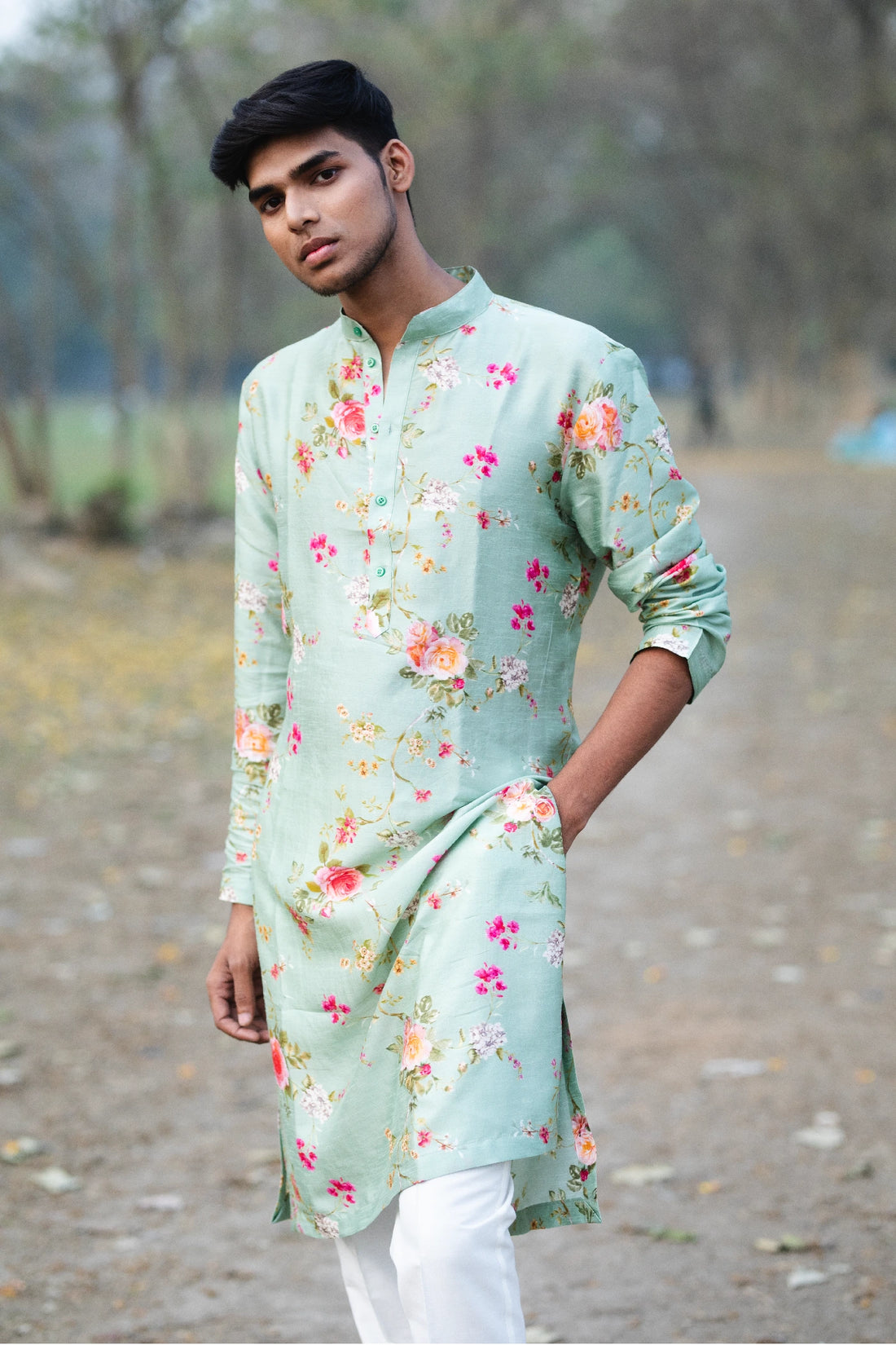 Teal Silk Floral Printed Kurta with Off-white Pant